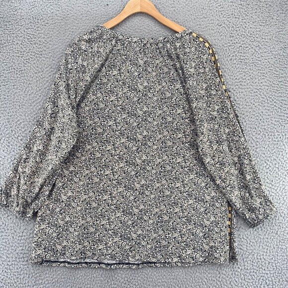 J Jill Top Womens Medium Ivory Black Floral 1/4 Button Long Sleeve Stretch Knit - Picture 3 of 10